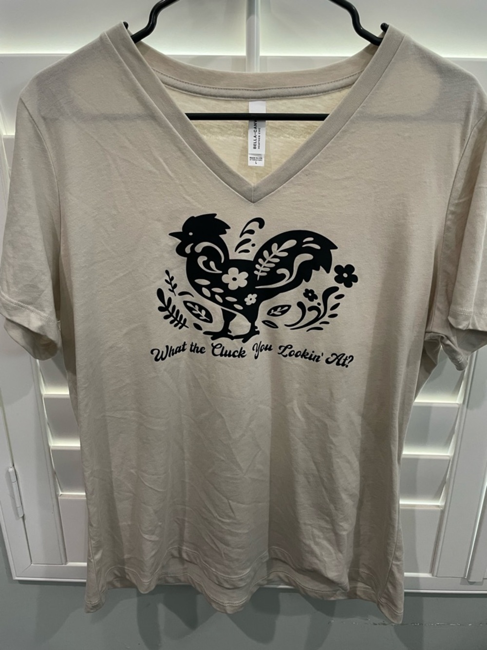Bella Canvas Beige V-Neck Tee with Black Rooster Graphic